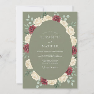 Pressed Olive Maroon Peony Wedding Invitation
