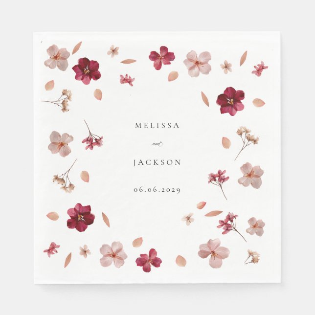 Pressed Red Pink and Cream, floral Wedding design Napkin (Front)