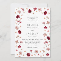 Pressed Red Pink and Cream, floral Wedding Invitat