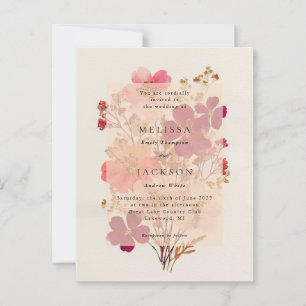 Pressed Red Pink and Cream, floral Wedding Invitat Postcard