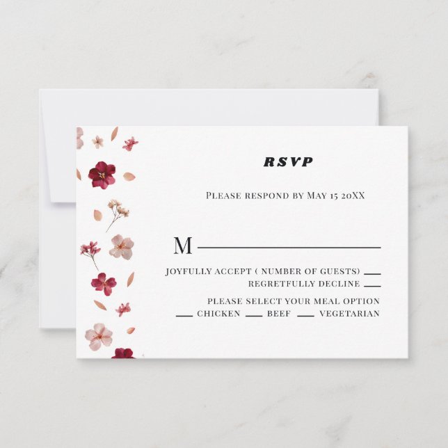 Pressed Red Pink and Cream, floral Wedding RSVP Card (Front)