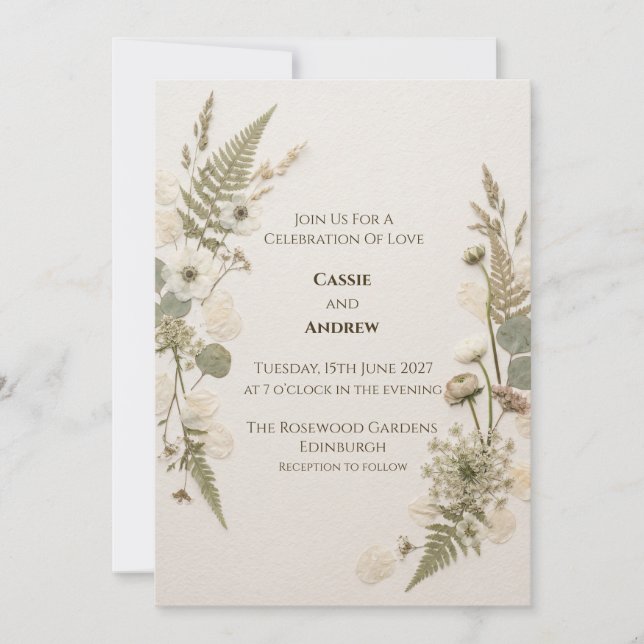 Pressed White Wildflower Fern Wedding Invitation (Front)