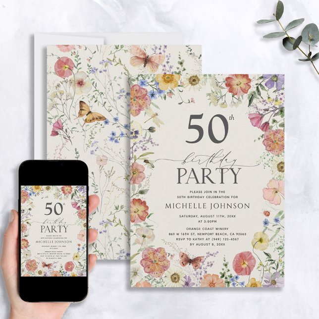 Pressed Wildflower Floral Frame 50th Birthday Invi Invitation (Creator Uploaded)