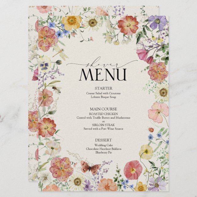 Pressed Wildflower Floral Frame Bridal Shower Menu (Front/Back)