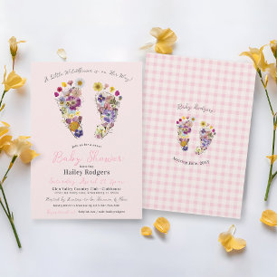 Pressed Wildflower Footprints Baby Girl Shower Invitation