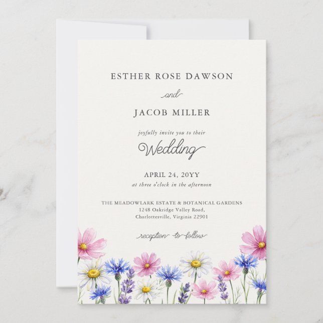 Pressed Wildflower Photo QR Code Wedding Invitation (Front)