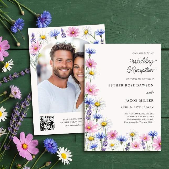 Pressed Wildflower Wedding Reception Photo QR Code Invitation (Wedding Reception Invitation - Pressed Spring Meadow Wildflower Wedding Collection by Darling & May)