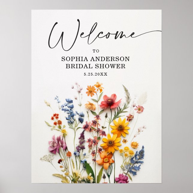 Pressed Wildflowers Bridal Shower Poster Sign (Front)