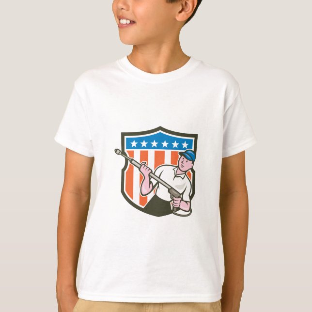 Pressure Washer Water Blaster USA Flag Cartoon T-Shirt (Front)