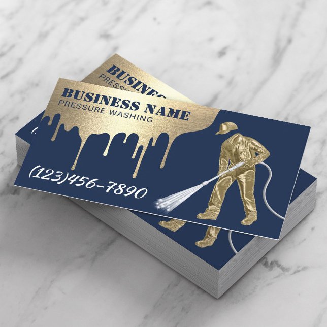 Pressure Washing Gold Power Washer Cleaning Navy Business Card (Creator Uploaded)