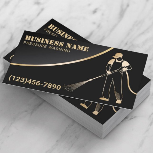 Pressure Washing Power Wash Black & Gold Cleaning Business Card (Creator Uploaded)