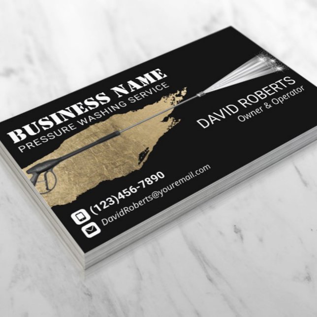 Pressure Washing Power Wash Cleaning Black & Gold Business Card (Creator Uploaded)