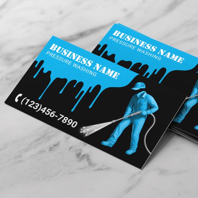 Pressure Washing Power Washer Blue Drips Cleaning Business Card (Creator Uploaded)