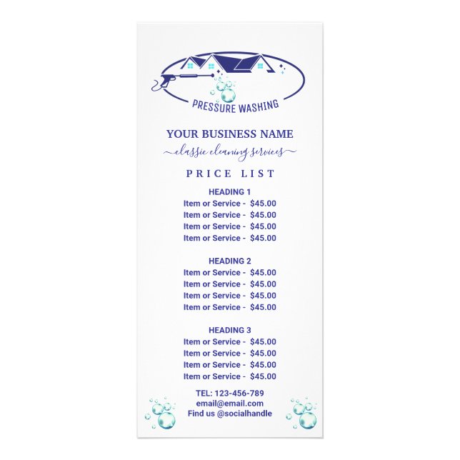 Pressure Washing Water Drops Power Wash Price List Rack Card (Front)