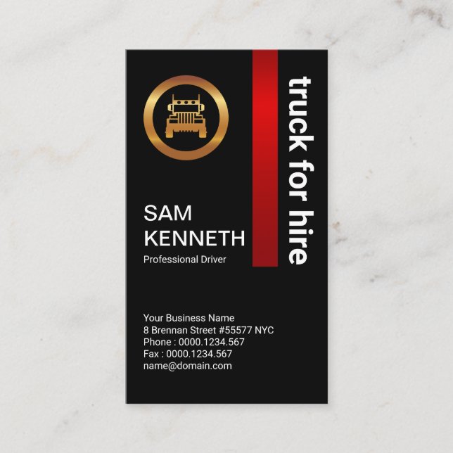 Prestigious Luminous Red Gold Elite Truck Driver Business Card (Front)