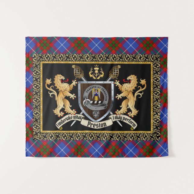 Preston Clan Badge & Motto w/Lions  Tapestry (Front (Horizontal))