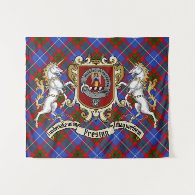 Preston Clan Badge & Unicorns w/Tartan  Tapestry (Front (Horizontal))