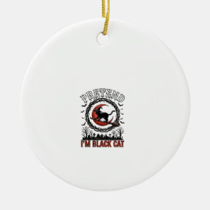 Pretend Black Cat Halloween Witch Hat Red Moon_1 Ceramic Tree Decoration