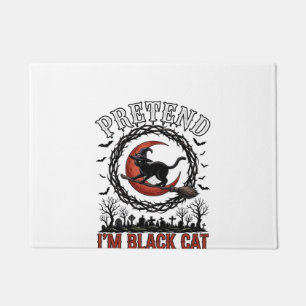 Pretend Black Cat Halloween Witch Hat Red Moon_1 Doormat