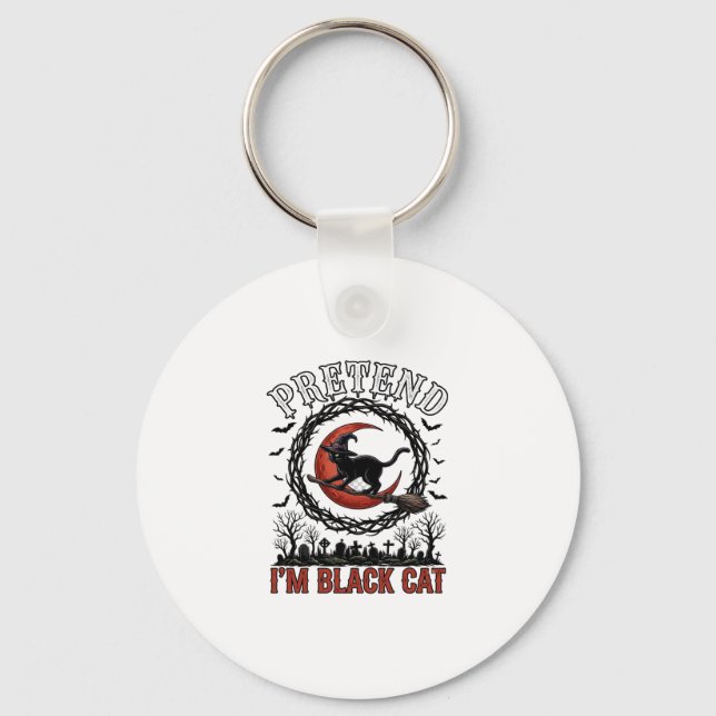 Pretend Black Cat Halloween Witch Hat Red Moon_1 Key Ring (Front)