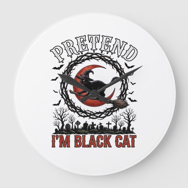 Pretend Black Cat Halloween Witch Hat Red Moon_1 Large Clock (Front)