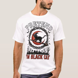 Pretend Black Cat Halloween Witch Hat Red Moon_1 T-Shirt