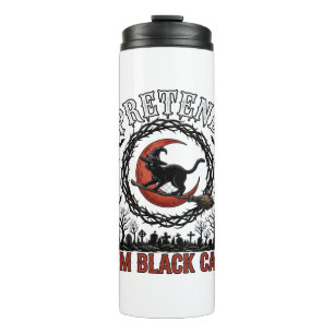 Pretend Black Cat Halloween Witch Hat Red Moon_1 Thermal Tumbler
