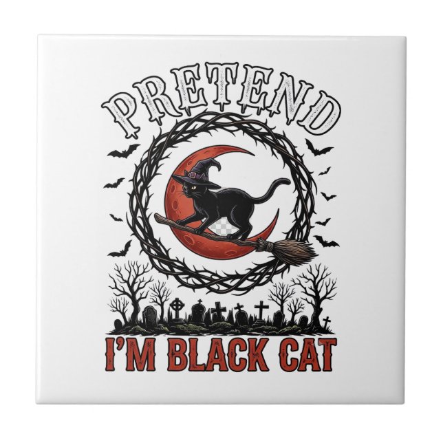 Pretend Black Cat Halloween Witch Hat Red Moon_1 Tile (Front)