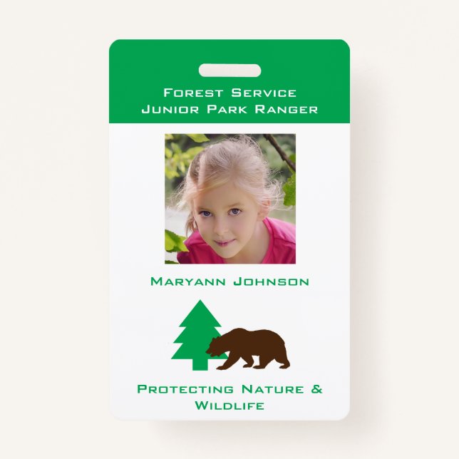 Pretend Park Ranger Badge for Kids Personalised ID Badge (Front)