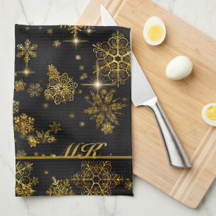 Prettiest Snowflakes Pattern Black/Gold ID846 Tea Towel