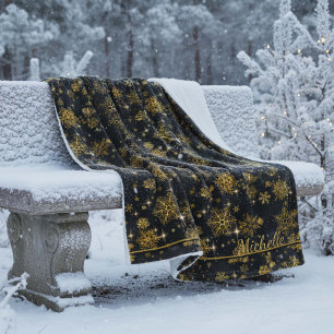 Prettiest Snowflakes Pattern Gold/Black ID846 Fleece Blanket