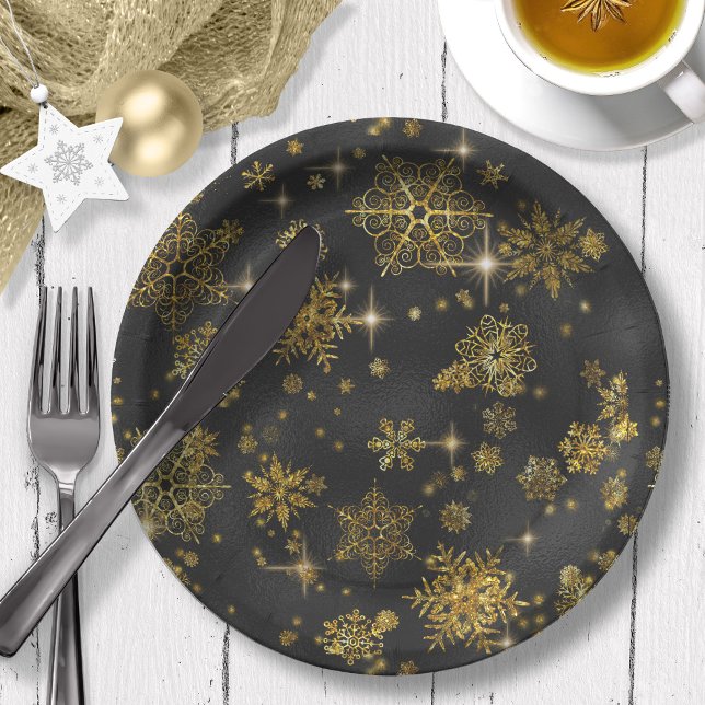 Prettiest Snowflakes Pattern Gold/Black ID846 Paper Plate (Creator Uploaded)