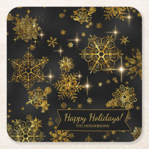 Prettiest Snowflakes Pattern Gold/Black ID846 Square Paper Coaster