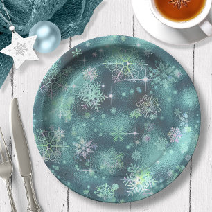 Prettiest Snowflakes Pattern Teal ID846 Paper Plate