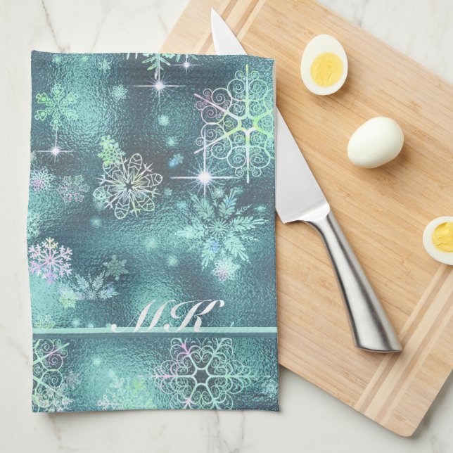 Prettiest Snowflakes Pattern Teal ID846 Tea Towel (Quarter Fold)