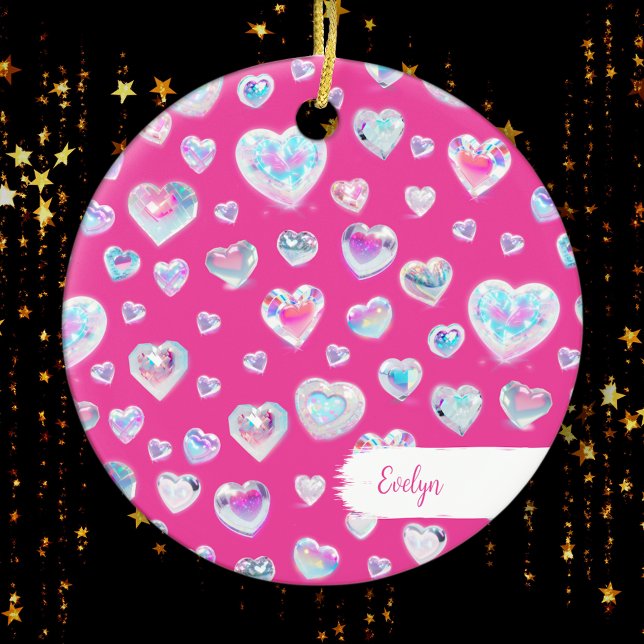 Pretty 3D Crystal Gemstone Hearts Pink Christmas Ceramic Tree Decoration (Add a pretty touch to your Christmas tree with this beautiful personalized ornament!)