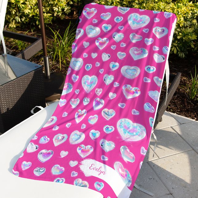 Pretty 3D Sparkly Crystal Gemstone Hearts on Pink Beach Towel (Creator Uploaded)
