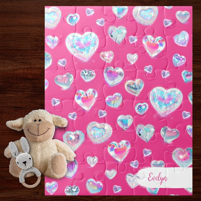 Pretty 3D Sparkly Crystal Gemstone Hearts on Pink Jigsaw Puzzle (Creator Uploaded)