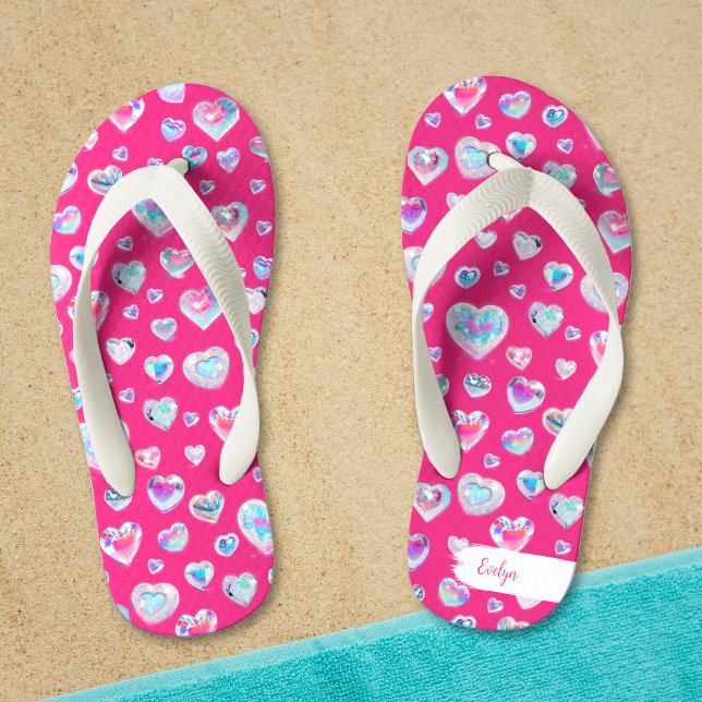 Pretty 3D Sparkly Crystal Gemstone Hearts on Pink Kid's Jandals (Creator Uploaded)