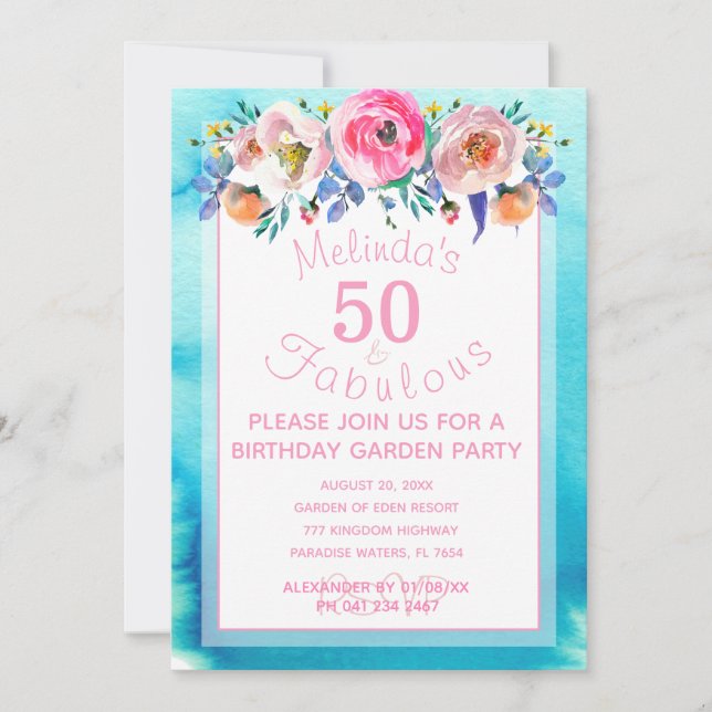 Pretty 50th Birthday Garden Party 50 and Fabulous Invitation (Front)