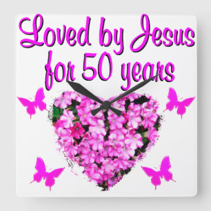 PRETTY 50TH BIRTHDAY SQUARE WALL CLOCK