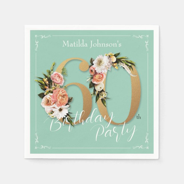 Pretty 60th Birthday Mint Gold Floral Glamourous Napkin (Front)