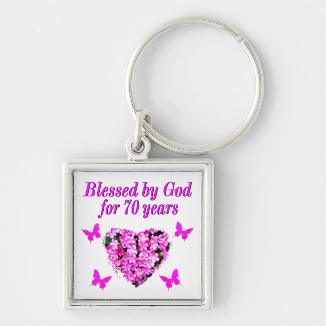 PRETTY 70TH PINK FLORAL BIRTHDAY DESIGN KEY RING (Front)