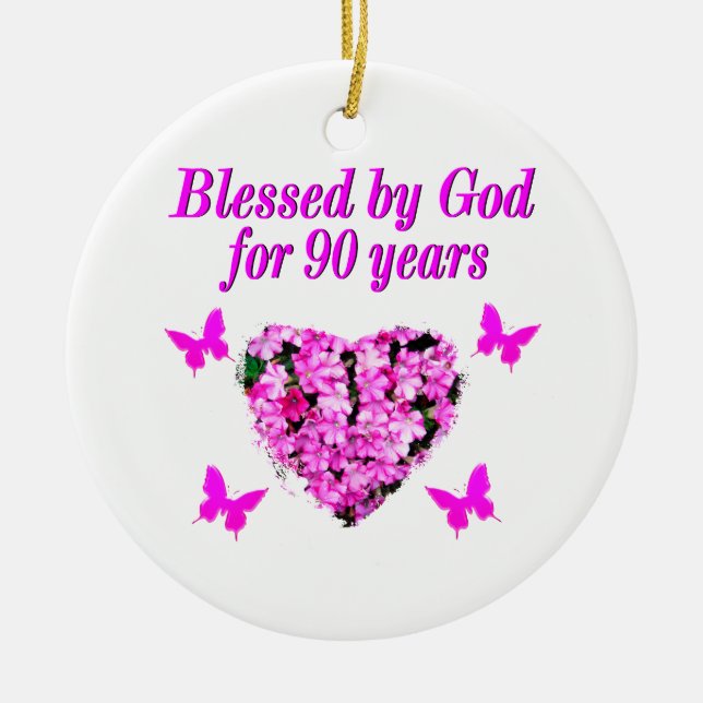PRETTY 90TH BIRTHDAY FLORAL CERAMIC TREE DECORATION (Front)