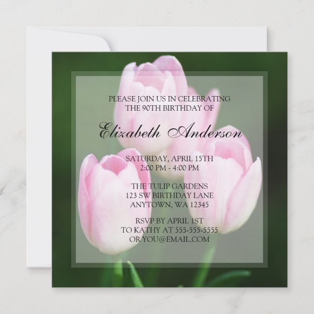 Pretty 90th Birthday Pink Tulips Party Invitation (Front)