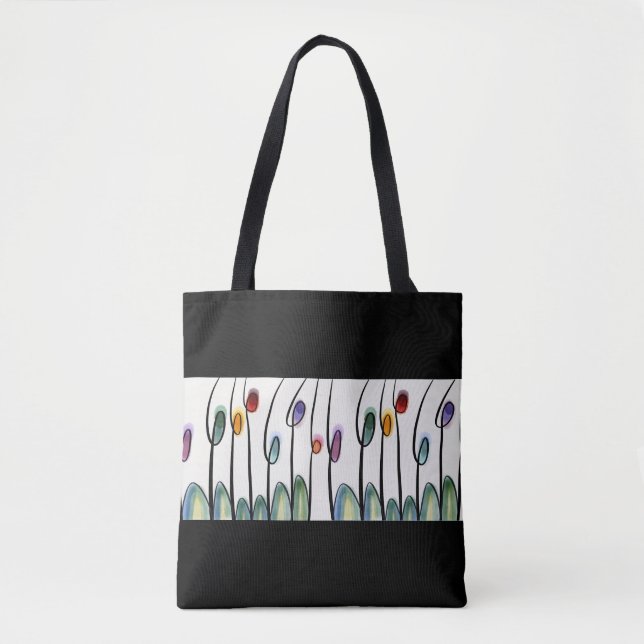 Pretty abstract floral border on black tote bag (Front)