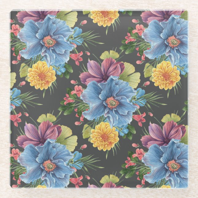 Pretty And  Dark Floral  Glass Coaster (Front)