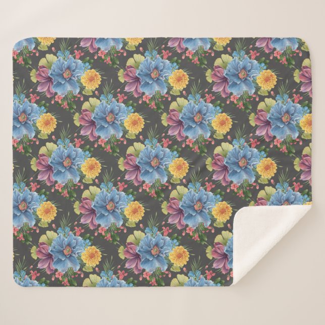Pretty And  Dark Floral  Sherpa Blanket (Front (Horizontal))