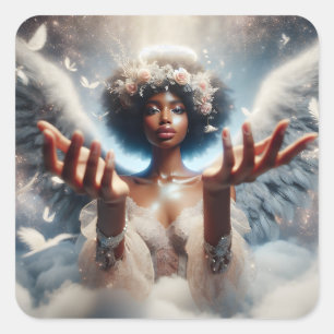 Pretty Angel with Beautiful Wings and Flowers Square Sticker