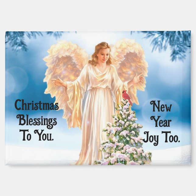 Pretty Angel With Cardinal Christmas Magnet (Front)
